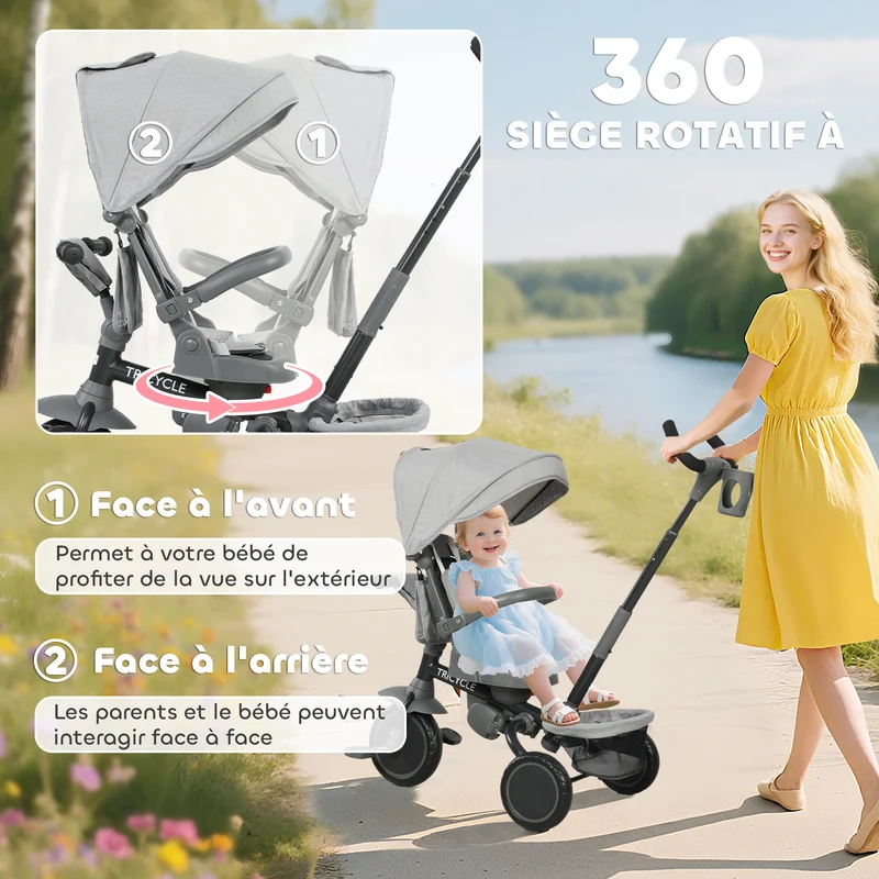 Tricycle évolutif 6 en 1 poussette 111.5 x 52 x 98 cm siège pivotant 360° pliable compact moderne épuré en acier gris 21_0000630