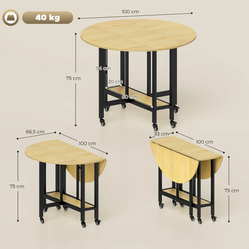 Table à manger pliante 4 personnes 100 x 100 x 75 cm gain de place roulettes verrouillables moderne épuré en bois chêne 21_0003376