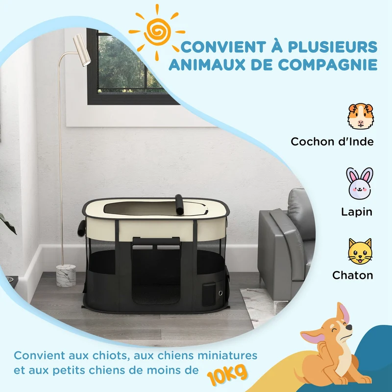 Parc pliable pour animaux voyage maison 94 x 74 x 60 cm léger trois portes zippées moderne épuré en tissu oxford crème 21_0007456