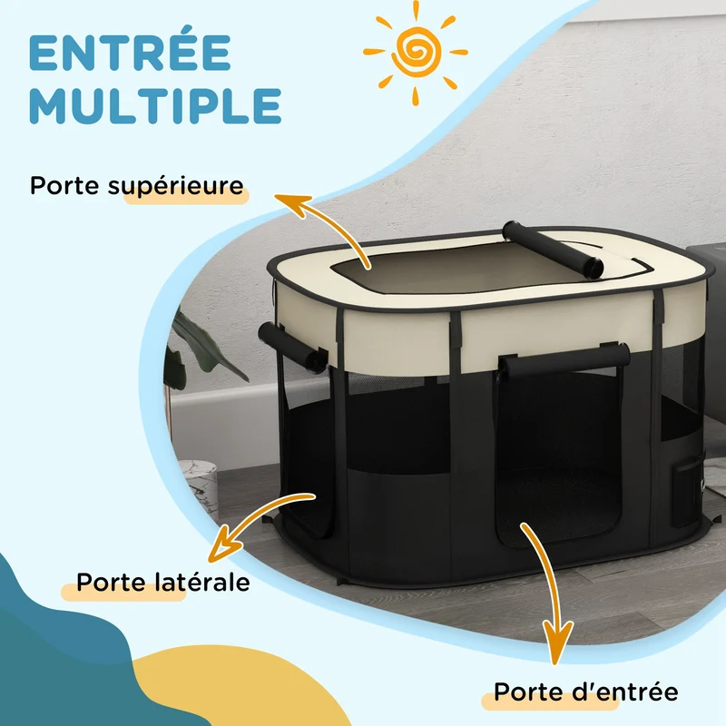 Parc pliable pour animaux voyage maison 94 x 74 x 60 cm léger trois portes zippées moderne épuré en tissu oxford crème 21_0007456