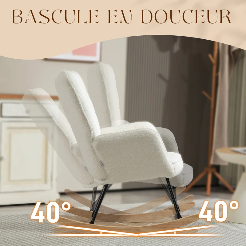Fauteuil à bascule enveloppant chambre 71 x 98 x 101 cm assise rembourrée dossier scandinave en tissu polyester blanc 21_0003103