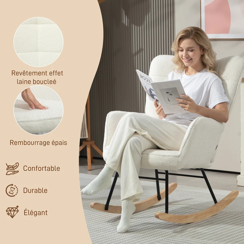 Fauteuil à bascule enveloppant chambre 71 x 98 x 101 cm assise rembourrée dossier scandinave en tissu polyester blanc 21_0003103