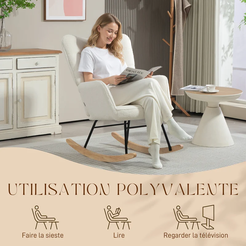 Fauteuil à bascule enveloppant chambre 71 x 98 x 101 cm assise rembourrée dossier scandinave en tissu polyester blanc 21_0003103