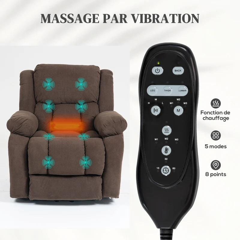 Fauteuil releveur électrique 93 x 104 x 100 cm 8 points massage chauffage lombaire cosy moderne en velours marron 21_0000909