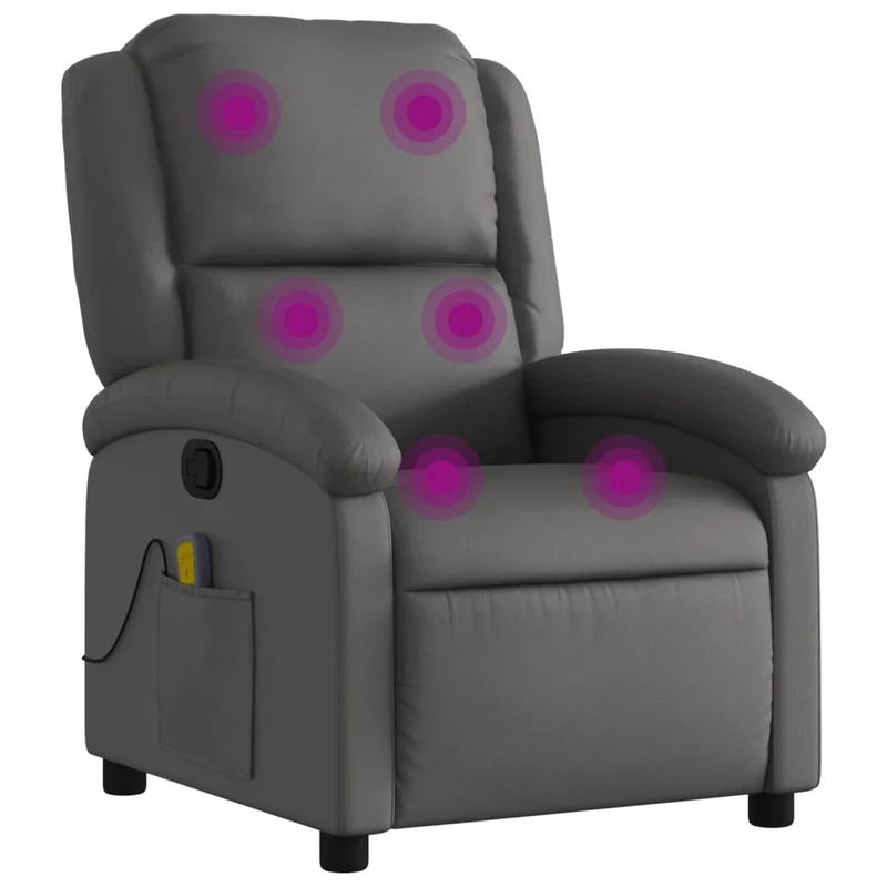Fauteuil de relaxation TV fonction massage inclinable 6 points de massage en cuir véritable gris DEC026935
