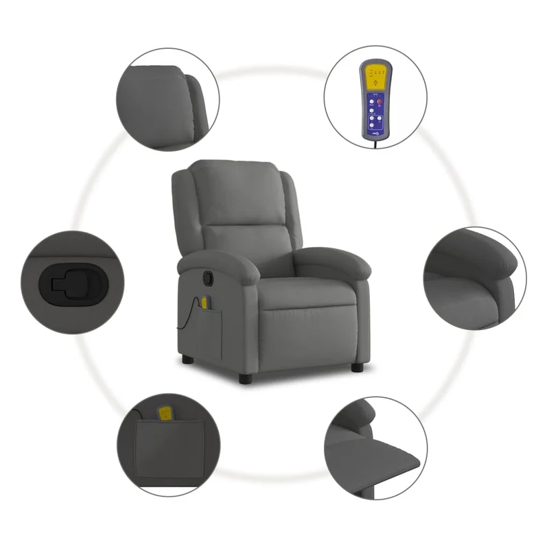 Fauteuil de relaxation TV fonction massage inclinable 6 points de massage en cuir véritable gris DEC026935