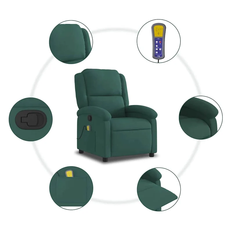Fauteuil de relaxation TV fonction massage inclinable 6 points de massage en velours vert foncé DEC027130