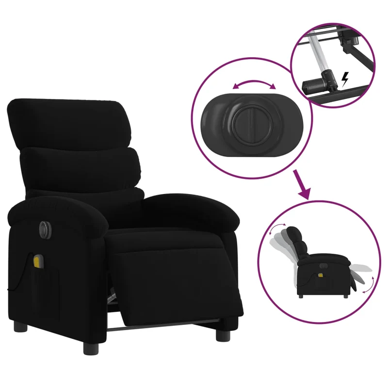 Fauteuil de relaxation TV fonction massage inclinable électrique 6 points de massage en tissu noir DEC027233