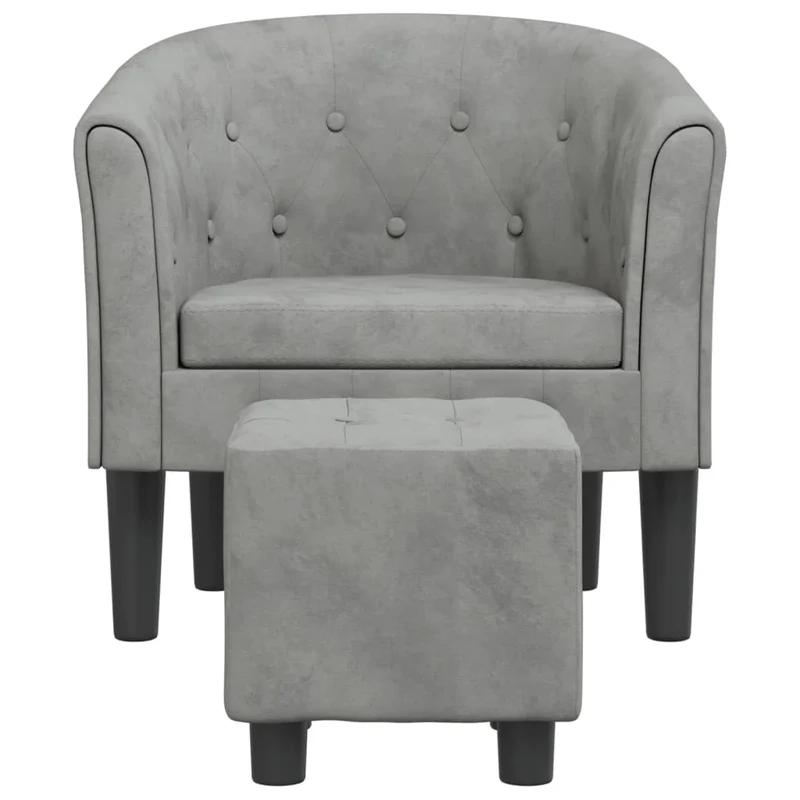 Fauteuil lounge design moderne avec repose-pieds en velours gris clair capitonné dossier arrondi DEC026833