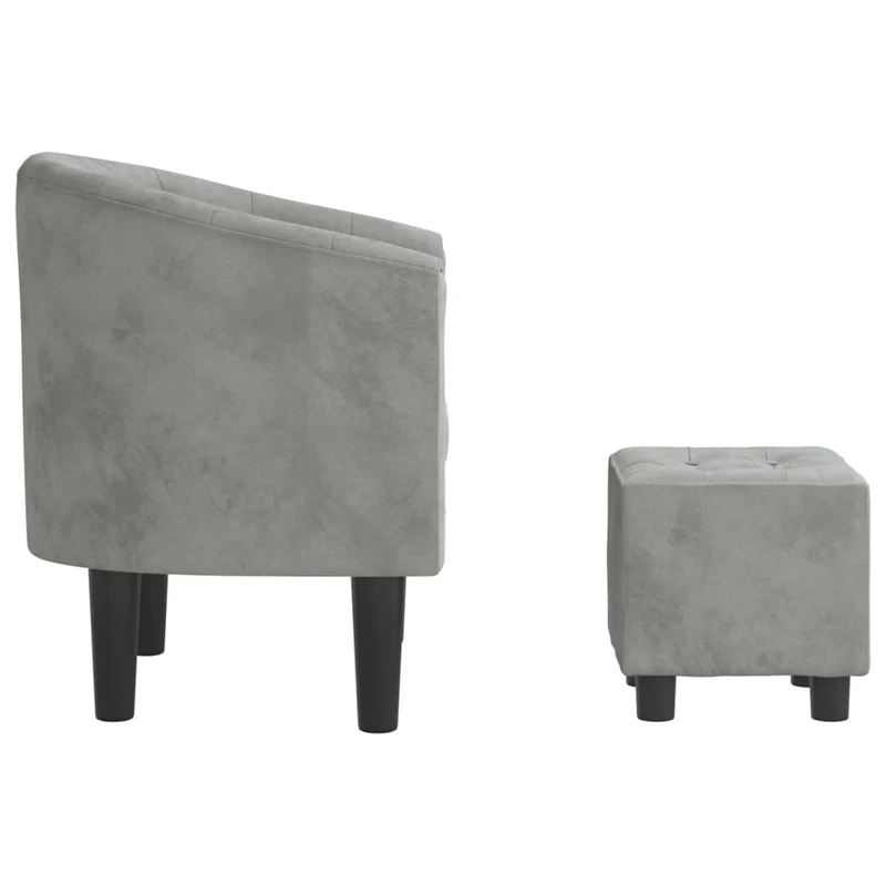 Fauteuil lounge design moderne avec repose-pieds en velours gris clair capitonné dossier arrondi DEC026833
