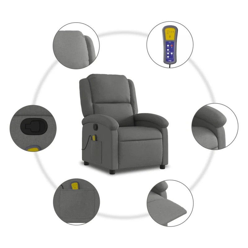 Fauteuil de relaxation TV fonction massage inclinable 6 points de massage en tissu gris foncé tissu DEC026942