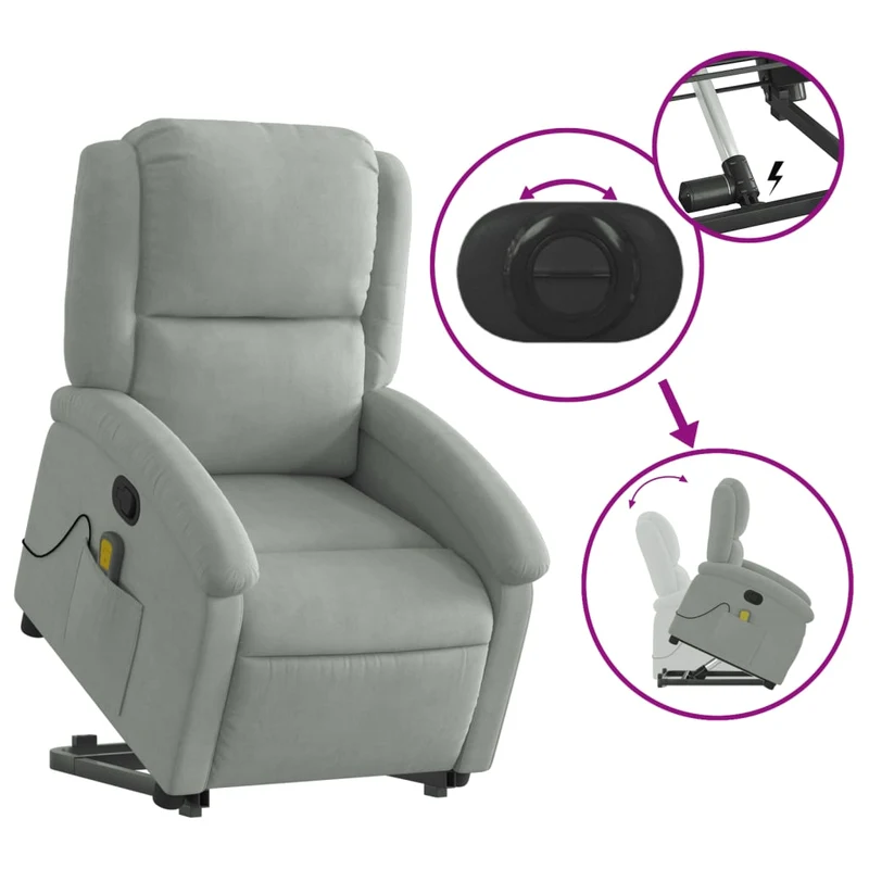 Fauteuil de relaxation TV fonction massage inclinable en tissu gris clair velours DEC026934