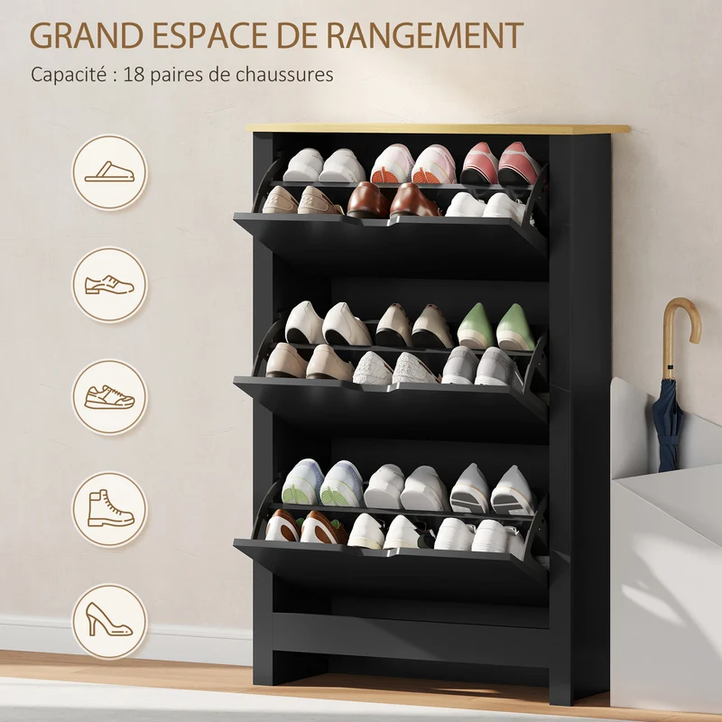 Meuble à chaussures entrée 72 x 26 x 112 cm 3 portes compartiments antibasculement moderne en panneau de particules noir 21_0002605