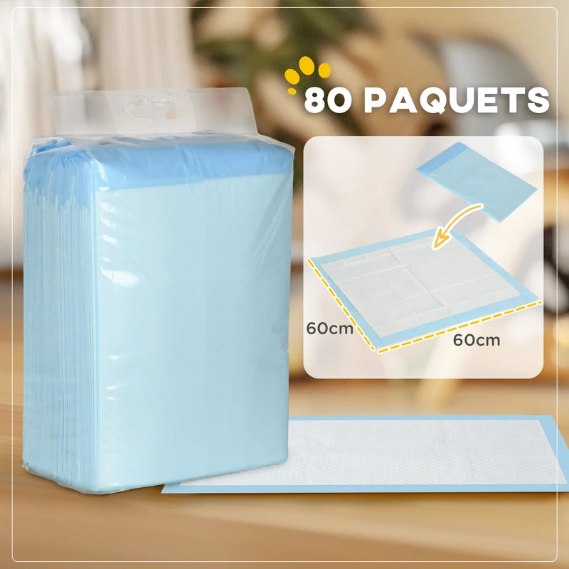 Lot de 80 tapis d'entraînement pour chien intérieur 60 x 60 cm absorption anti-fuite moderne en tissu non tissé bleu 21_0007381