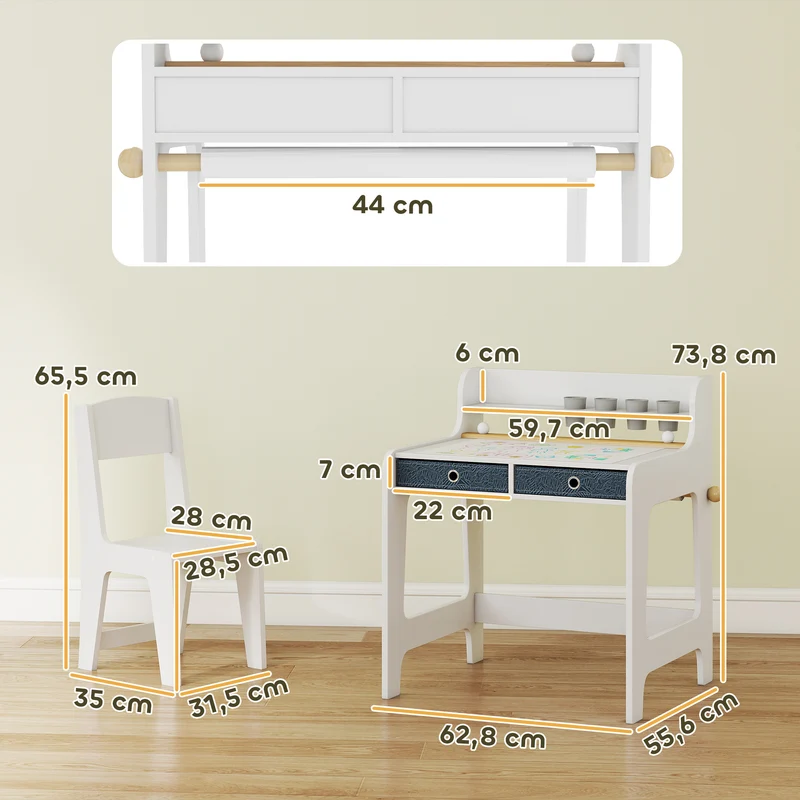 Ensemble bureau enfant avec chaise 62,8 x 55,6 x 73,8 cm avec tiroirs et porte-gobelet moderne et épuré en MDF blanc 21_0000234