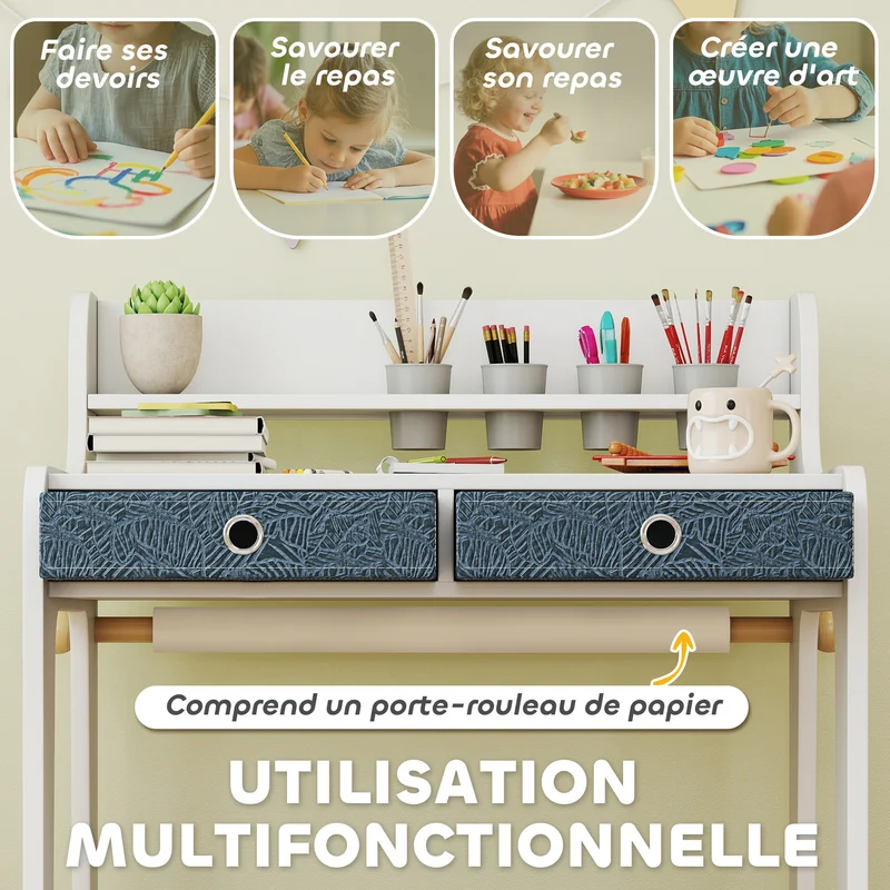 Ensemble bureau enfant avec chaise 62,8 x 55,6 x 73,8 cm avec tiroirs et porte-gobelet moderne et épuré en MDF blanc 21_0000234