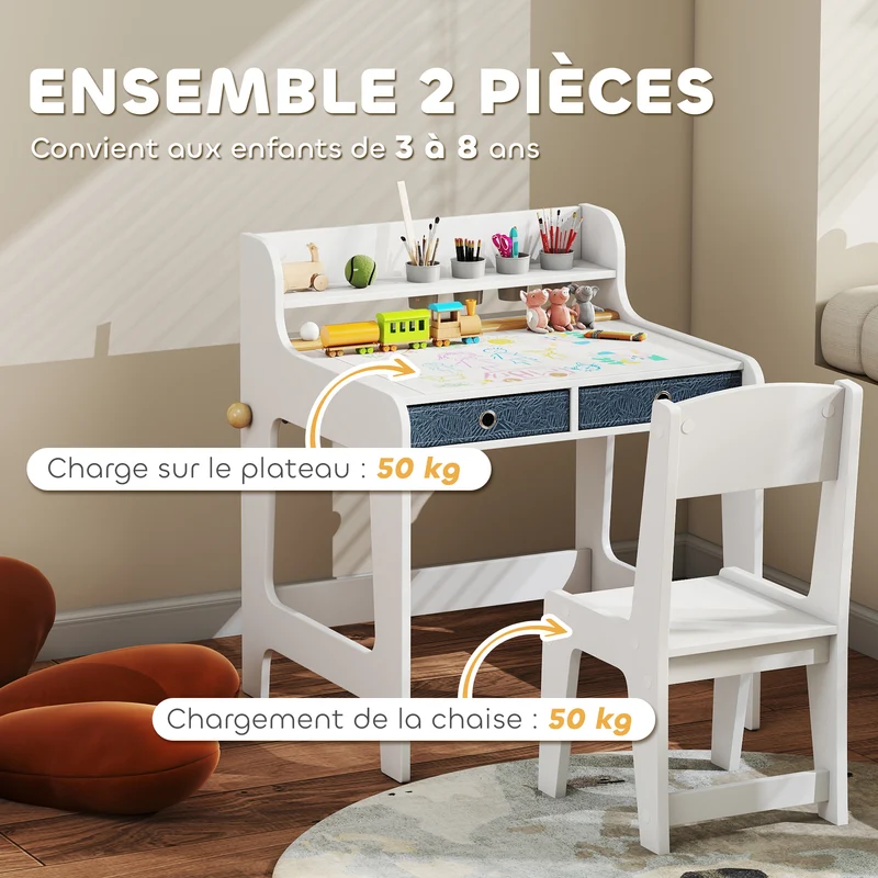 Ensemble bureau enfant avec chaise 62,8 x 55,6 x 73,8 cm avec tiroirs et porte-gobelet moderne et épuré en MDF blanc 21_0000234