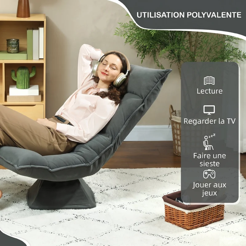Chaise de sol pivotante 70 x 62 x 95 cm rotation 360° dossier réglable 3 positions moderne épuré en velours gris foncé 21_0003512