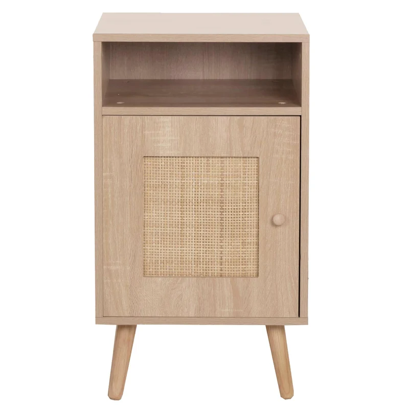 Table de chevet table d'appoint compartiments de rangement kubu rotin bois mélaminé aspect chêne 71x40x41 cm 04_0008530