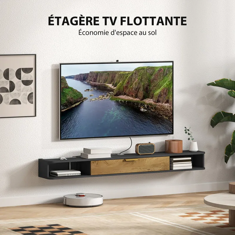 Meuble télévision suspendu 160 x 24 x 16 cm gestion câbles porte abatant rangement discret moderne épuré en MDF gris 21_0003478