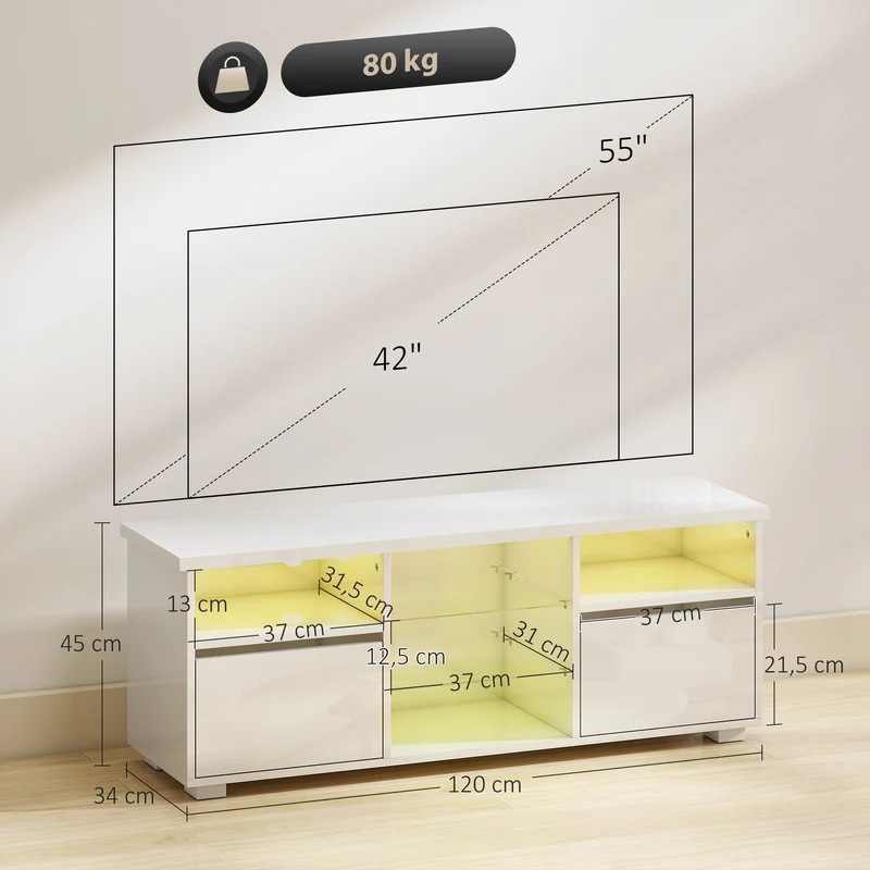 Meuble tv pour salon 120 x 34 x 45 cm éclairage led réglable télécommande rangement modulable moderne épuré en MDF blanc 21_0003493