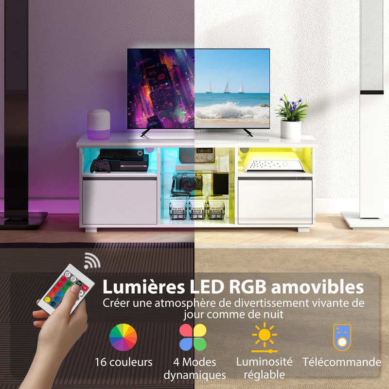 Meuble tv pour salon 120 x 34 x 45 cm éclairage led réglable télécommande rangement modulable moderne épuré en MDF blanc 21_0003493