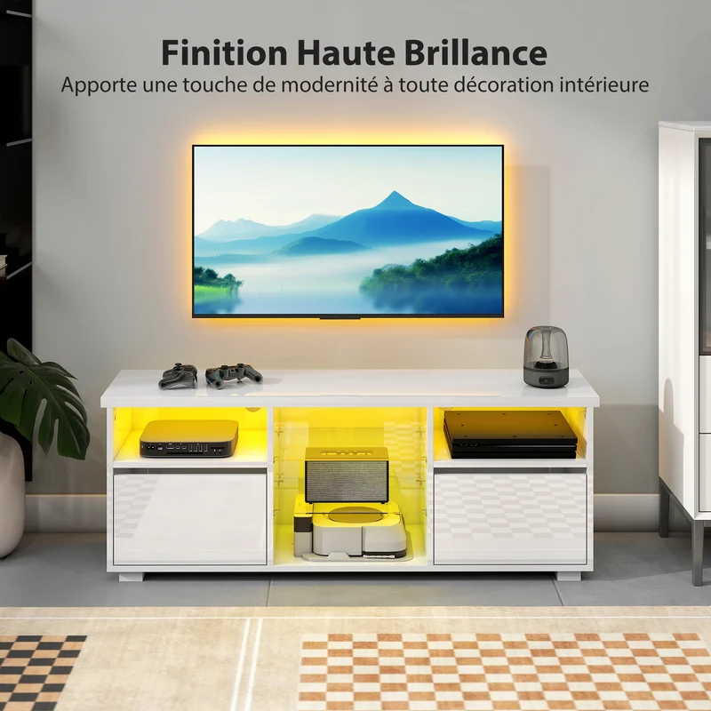 Meuble tv pour salon 120 x 34 x 45 cm éclairage led réglable télécommande rangement modulable moderne épuré en MDF blanc 21_0003493