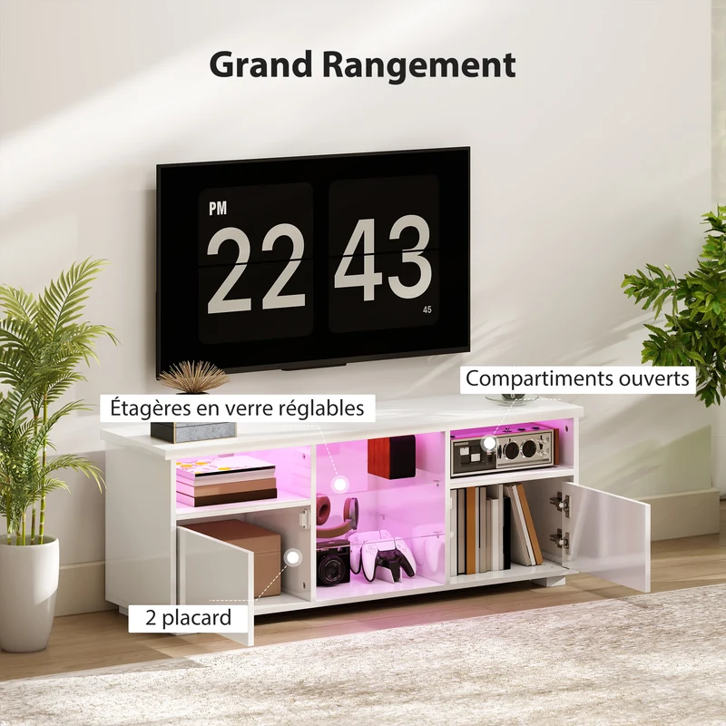 Meuble tv pour salon 120 x 34 x 45 cm éclairage led réglable télécommande rangement modulable moderne épuré en MDF blanc 21_0003493