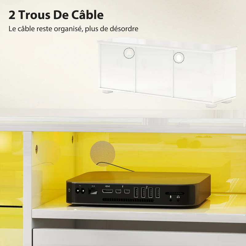 Meuble tv pour salon 120 x 34 x 45 cm éclairage led réglable télécommande rangement modulable moderne épuré en MDF blanc 21_0003493