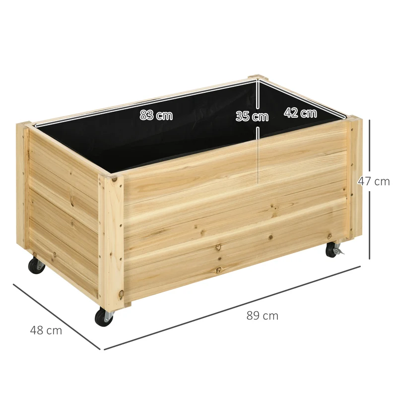 Jardinière surélevée jardin 89 x 48 x 47 cm grande roulettes 2 freins doublure anti humidité rustique en bois naturel 21_0004325