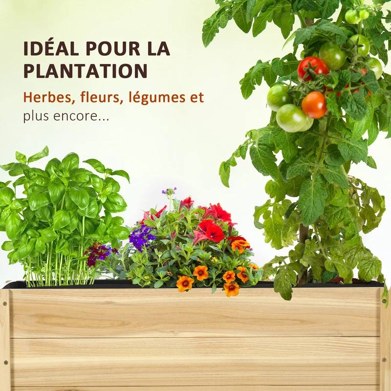 Jardinière surélevée jardin 89 x 48 x 47 cm grande roulettes 2 freins doublure anti humidité rustique en bois naturel 21_0004325