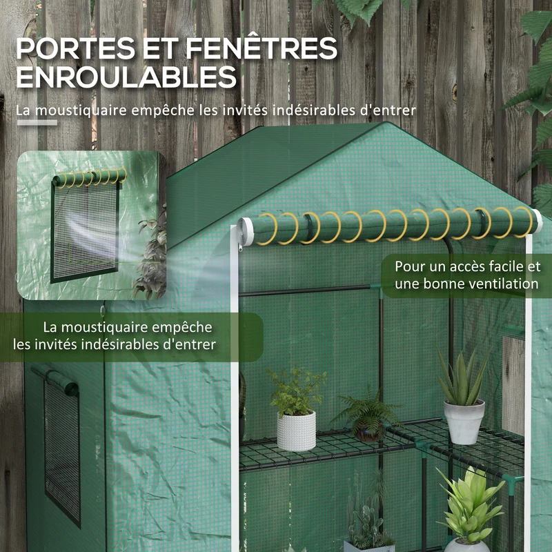 Serre de jardin 140 x 73 x 190 cm porte enroulable étagères réglables protection uv moderne épuré en polyéthylène vert 21_0004341