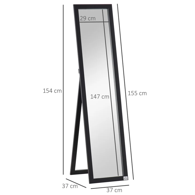 Miroir sur pied rectangulaire 37 x 37 x 154 cm posé ou mural film anti éclat idéal dressing contemporain en MDF noir 21_0001471