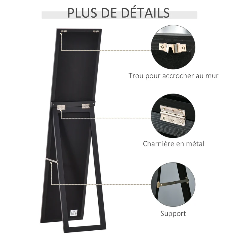 Miroir sur pied rectangulaire 37 x 37 x 154 cm posé ou mural film anti éclat idéal dressing contemporain en MDF noir 21_0001471