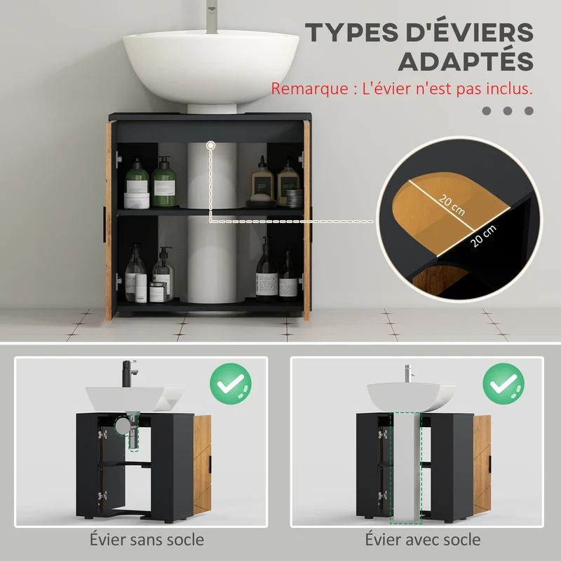 Meuble sous lavabo 60 x 30 x 60 cm 2 portes étagère réglable rangement pratique contemporain cosy en MDF gris anthracite 21_0001989