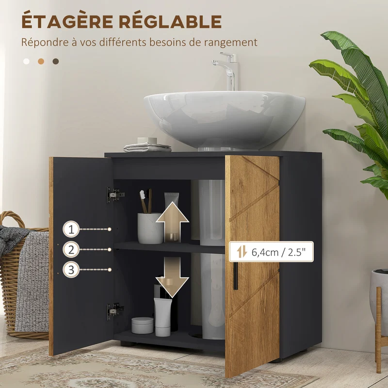 Meuble sous lavabo 60 x 30 x 60 cm 2 portes étagère réglable rangement pratique contemporain cosy en MDF gris anthracite 21_0001989