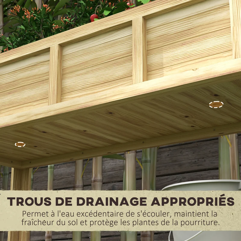 Jardinière sur pieds potager 115 x 46 x 75 cm séparateur amovible et inserts d'irrigation style rustique en bois naturel 21_0005450