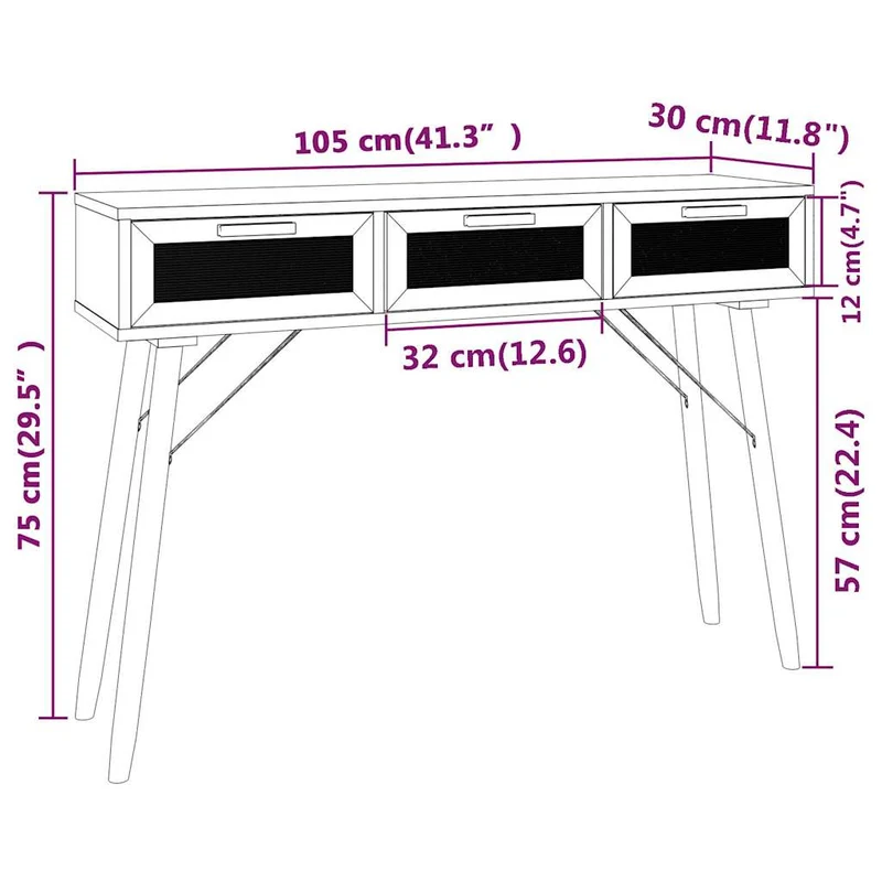 Meuble console d'entrée moderne table d'appoint avec tiroirs 105 x 30 x 75cm bois massif pin /rotin naturel brun DEC032038