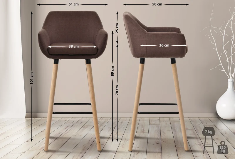 Lot de 2 tabourets de bar lounge design scandinave assise en tissu café pieds en bois repose-pieds en métal 10_0004176