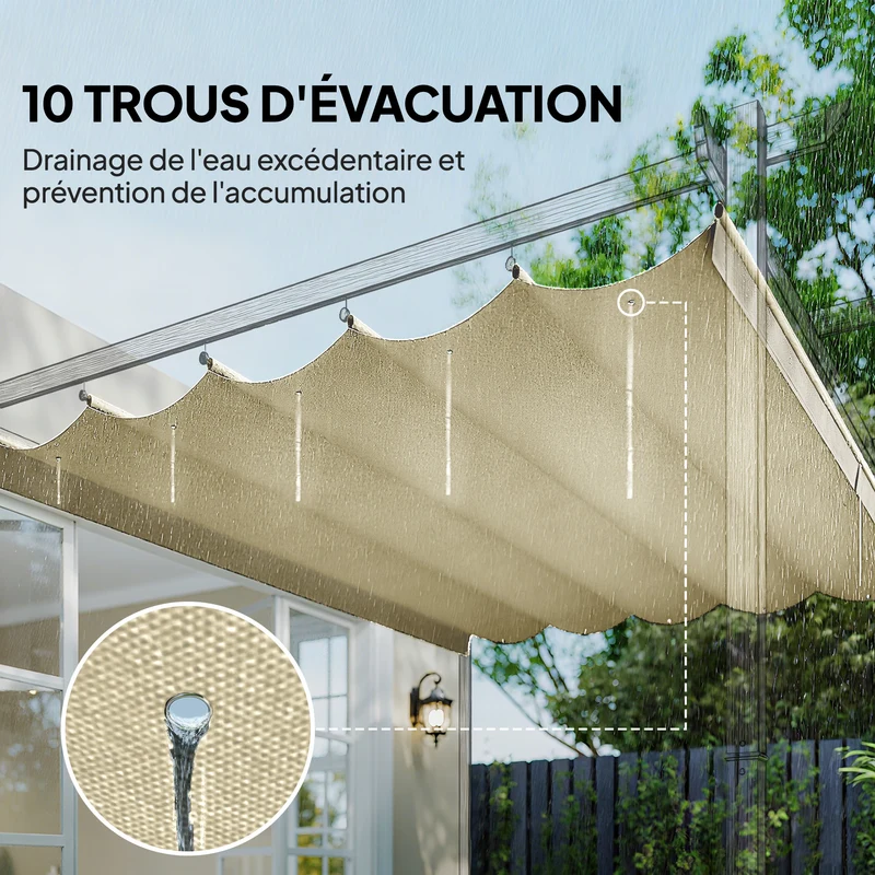 Toile de toit pergola rétractable 350 x 260 cm protection solaire 10 œillets drainage anti uv moderne en polyester crème 21_0004809
