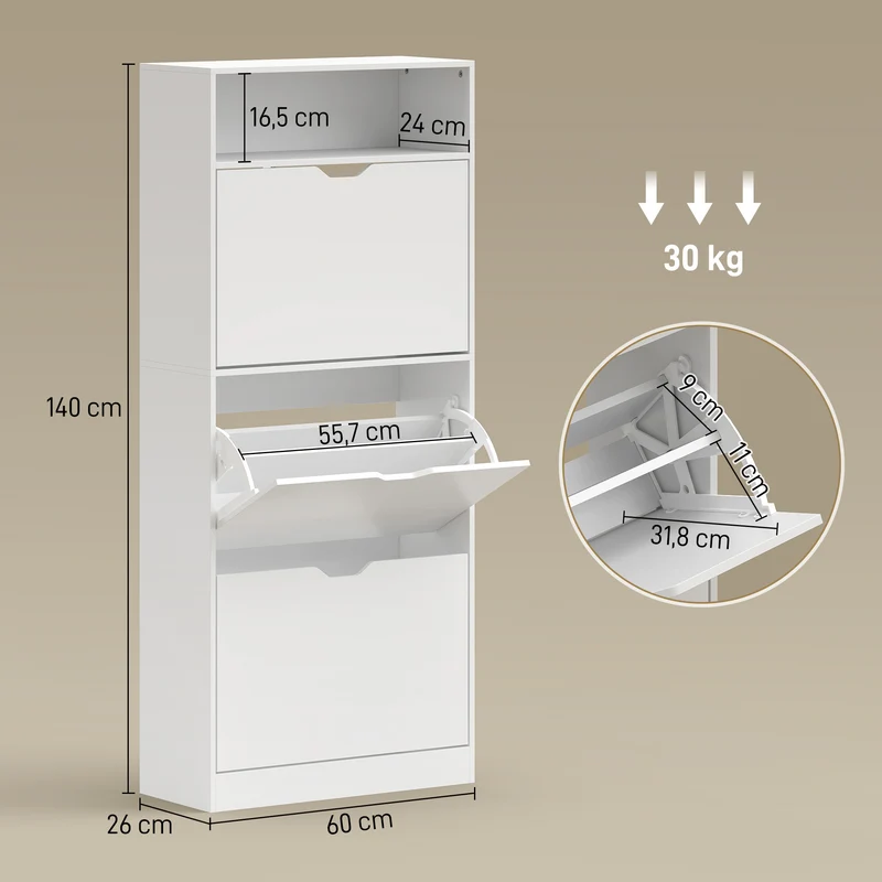 Meuble à chaussures d'entrée 60 x 26 x 140 cm optimisation d'espace avec étagères réglables épuré moderne en MDF blanc 21_0002816