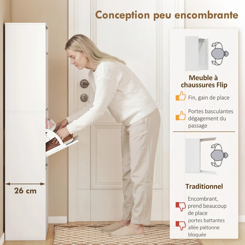 Meuble à chaussures d'entrée 60 x 26 x 140 cm optimisation d'espace avec étagères réglables épuré moderne en MDF blanc 21_0002816