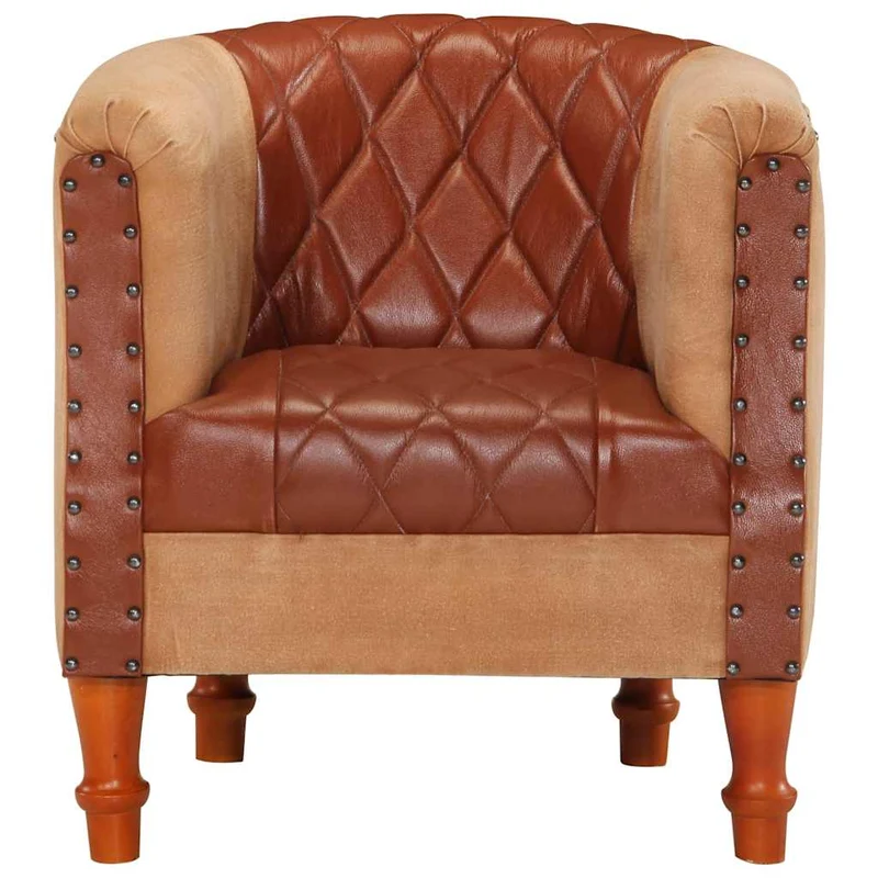 Fauteuil lounge assise confortable design moderne marron cuir véritable bois de manguier massif brun DEC026459