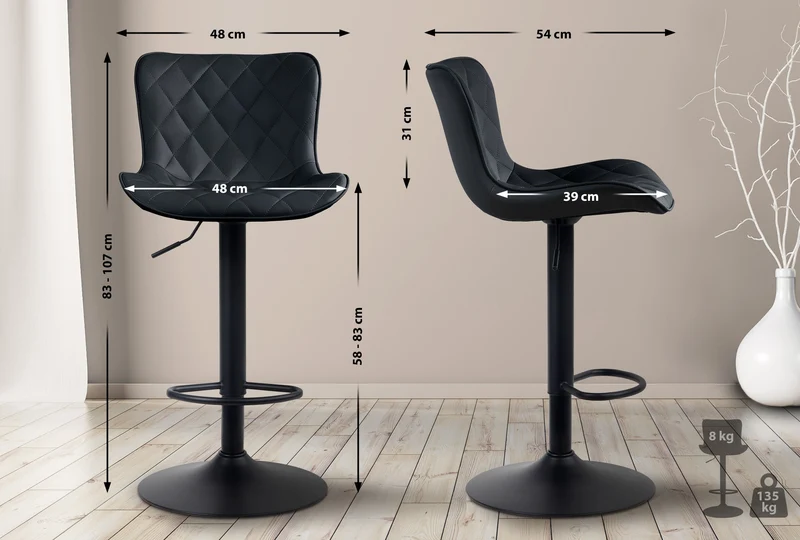 Lot de 2 tabourets de bar en synthétique noir pieds en métal noir hauteur réglable pivotant TDB10729