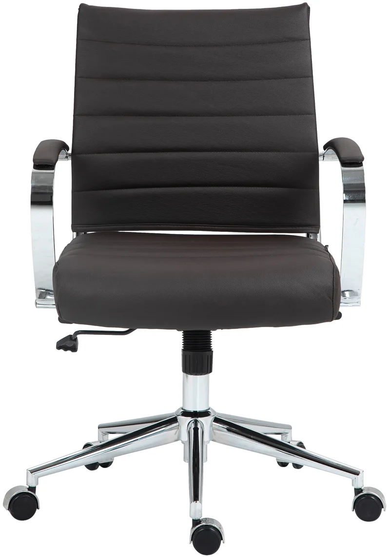 Chaise de bureau design ergonomique en cuir véritable marron et métal chromé 10_0002563