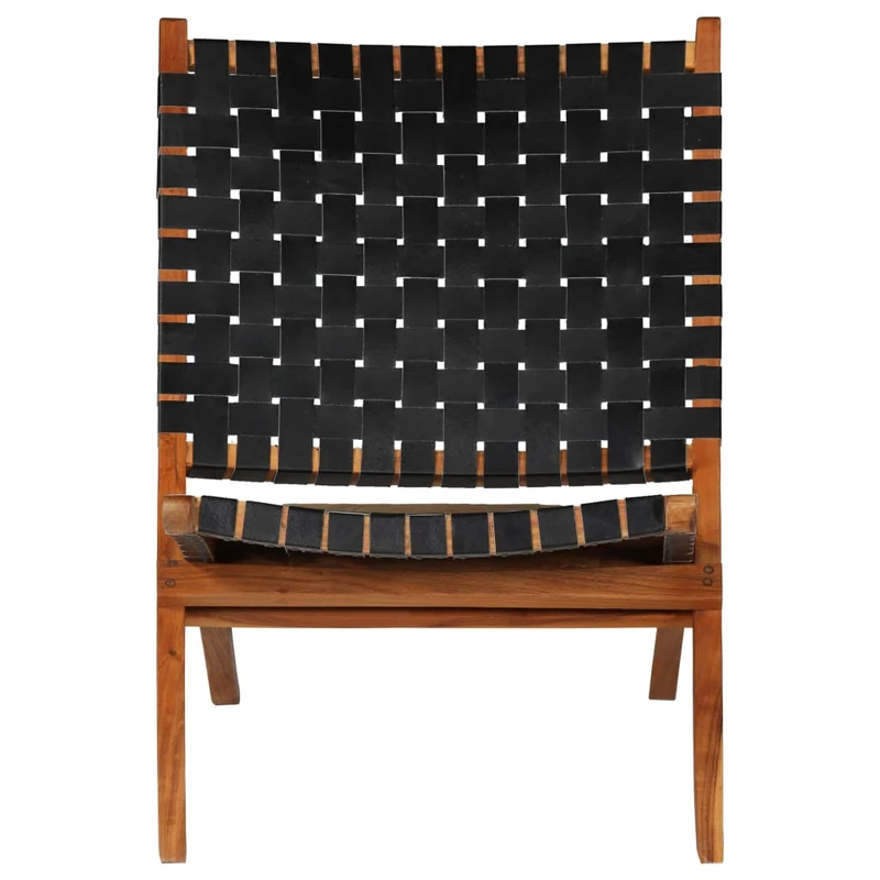 Chaise pliable bandes croisées en cuir véritable noir cadre en bois DEC026285