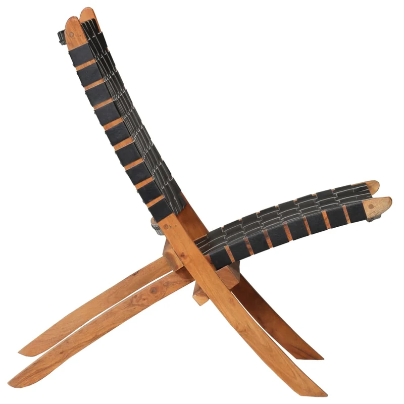 Chaise pliable bandes croisées en cuir véritable noir cadre en bois DEC026285