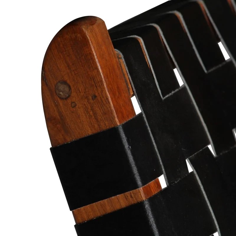 Chaise pliable bandes croisées en cuir véritable noir cadre en bois DEC026285