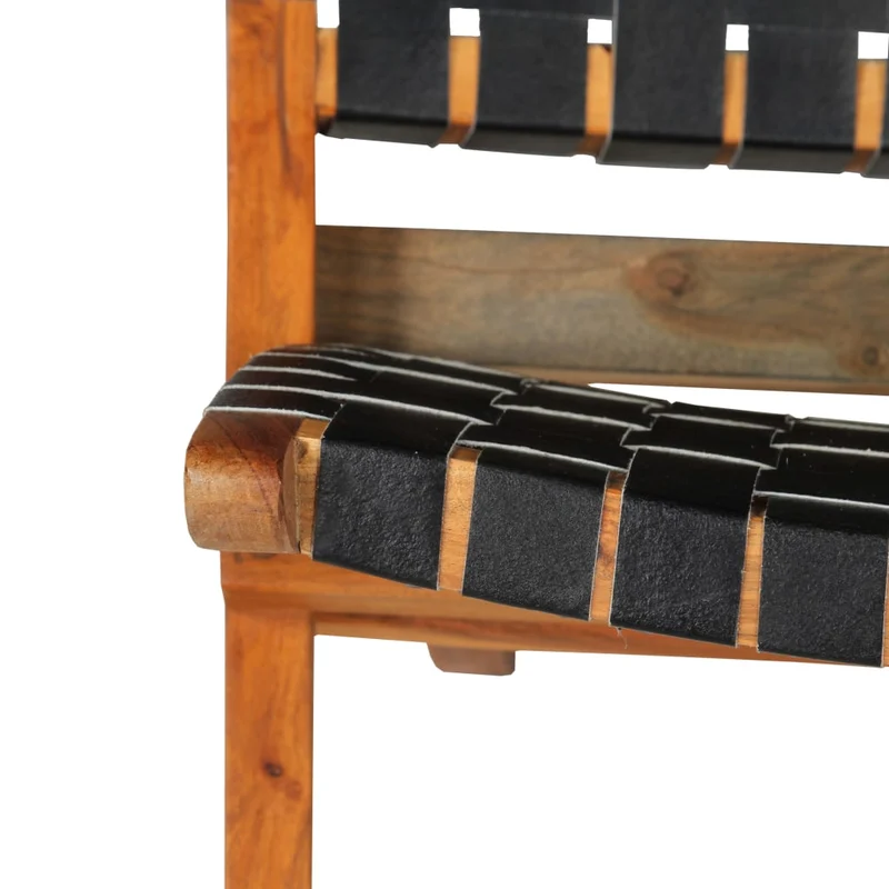 Chaise pliable bandes croisées en cuir véritable noir cadre en bois DEC026285