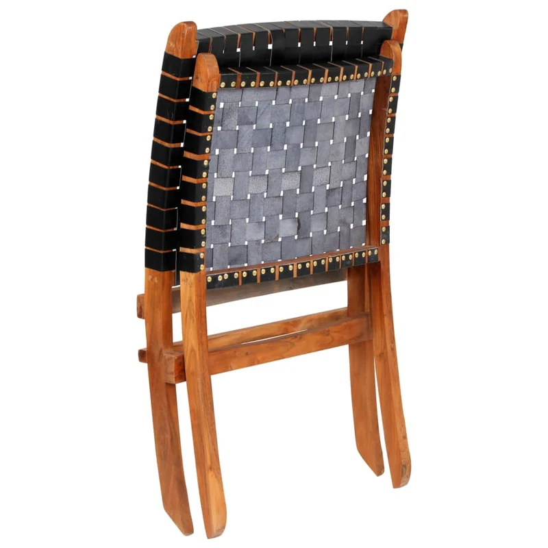 Chaise pliable bandes croisées en cuir véritable noir cadre en bois DEC026285